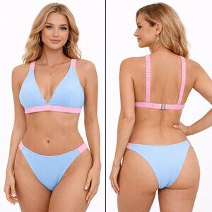 Medium Women’s Light Blue Pink Bikini Set Triangle Top High-Cut Bottoms NWOT